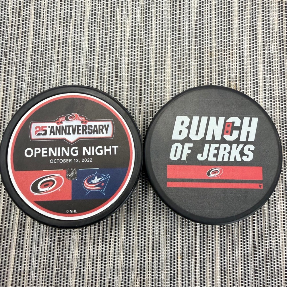 Carolina Hurricanes 25th Anniversary Opening Night & Bunch of Jerks Hockey Pucks